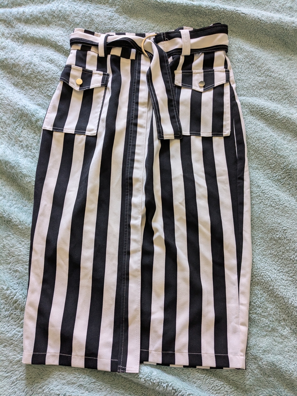 Fashion Nova High-Waist Black and White Vertical Stripe Midi Skirt with Belt